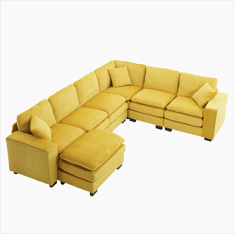 Modern U Shaped 6-Seat Sectional Sofa Couch With One Ottoman And Three Toss Pillows, Yellow Polyester