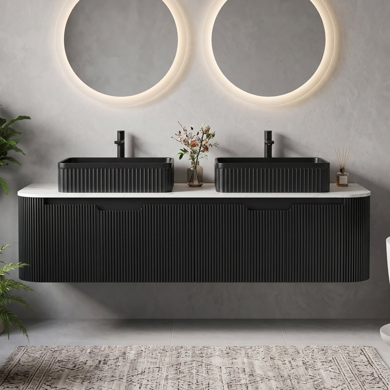 Ensemble de meuble-lavabo double 59,84 po avec plateau en marbre, Noir