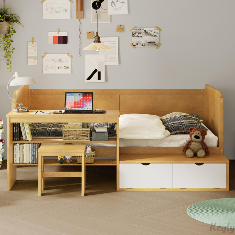 Lit de jour en bois avec bureau, Naturel