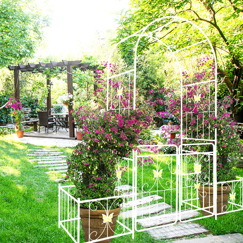 Metal Garden Arch With Gate, 79.5"X86.6", Creamy White, For Outdoor Splendor Cream White Gate Beauty Enhancer