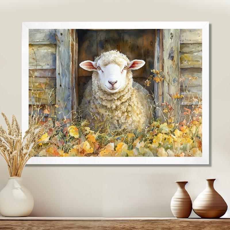 Dulinsky Sheep Floral Portrait At The Barn - Sheep Large, art mural, H 16 po x l 32 po, Blanc