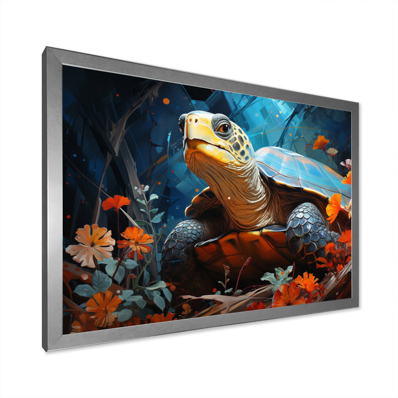 «Turtles Journey», collage floral sur toile, H 30 po x l 40 po x P 1,5 po, Cadre simple argenté
