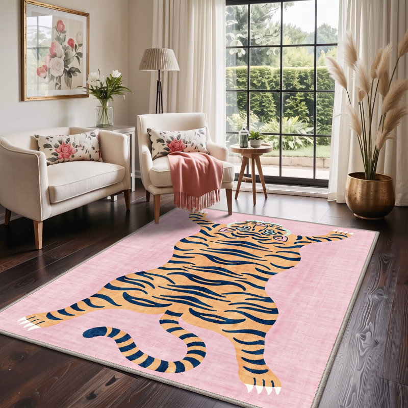 Tapis de couloir Tayviona lavable à la machine rose / orange avec envers antidérapant, Tapis de couloir 2 pi 6 po x 8 pi