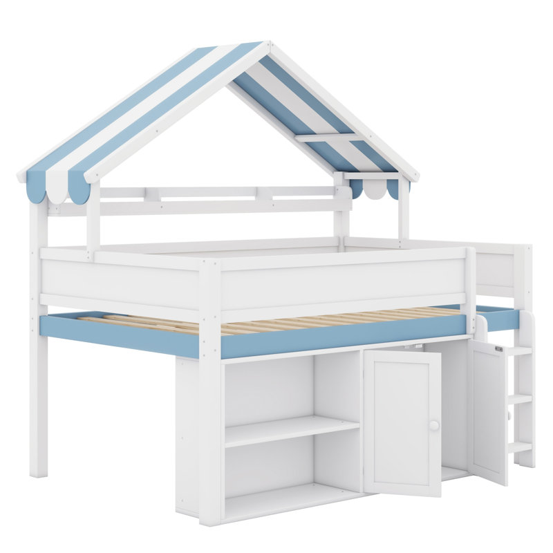 Lit mezzanine à baldaquin avec armoire de rangement et conception fonctionnelle, Blanc et bleu