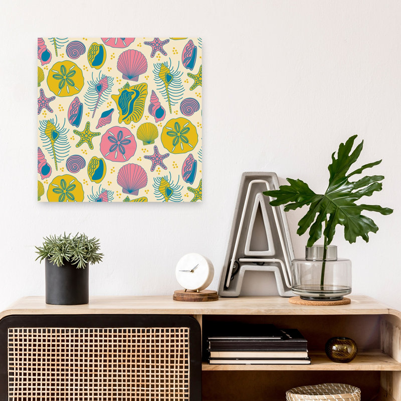 Vibrant Seaside Shells Colorful Playful Retro Starfish Coastal Wall Art Print 1 Piece Wrapped Canvas Wall Art
