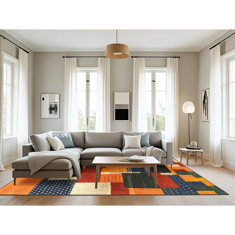 Tapis orange/beige/bleu foncé contemporain, Rectangle 8 pi x 10 pi