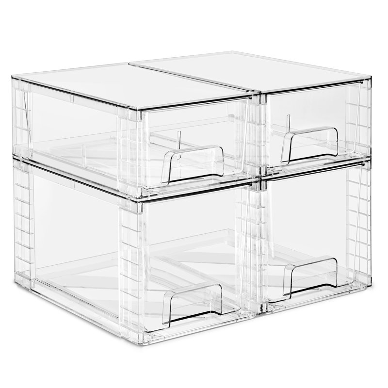  4 Piece Stackable Clear Plastic Pull-Out Drawer Organizer Bins - for Bathroom, Vanity, Makeup, Under Sink & Countertop