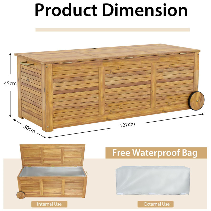 Union Rustic Monsen 10cm W 180L Acacia Deck Box with Wheels in Beige