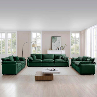 Ensemble de salon moderne 3 pièces, deux canapés 2 places et un canapé 3 places, grand canapé rembourré à assise profonde avec coussin et coussins, velours côtelé vert