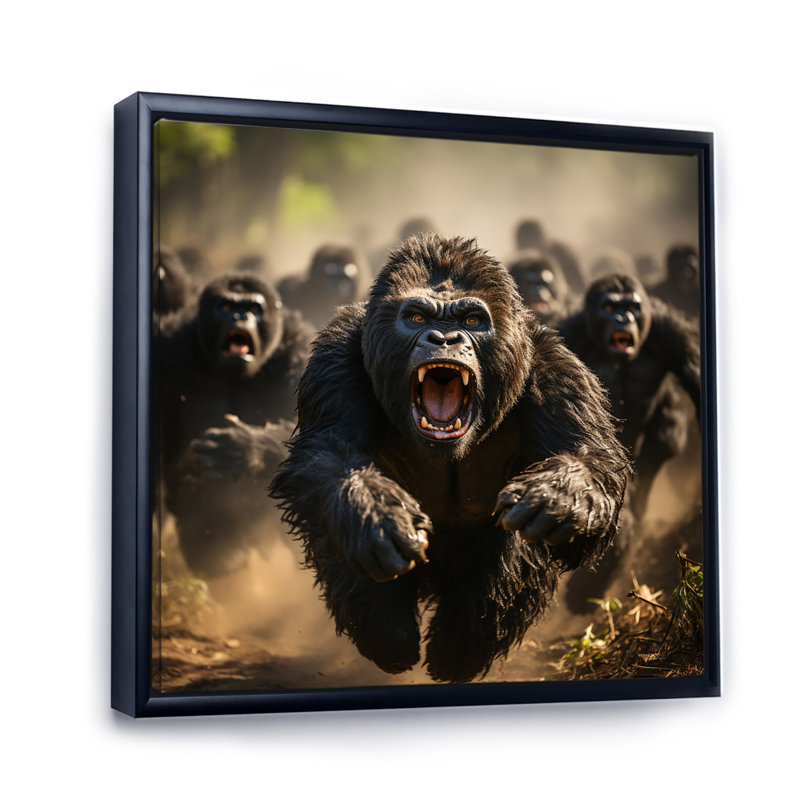 Gorilles d'Afrique qui courent - Reproduction, 24" H x 24" W, Cadre flottant noir
