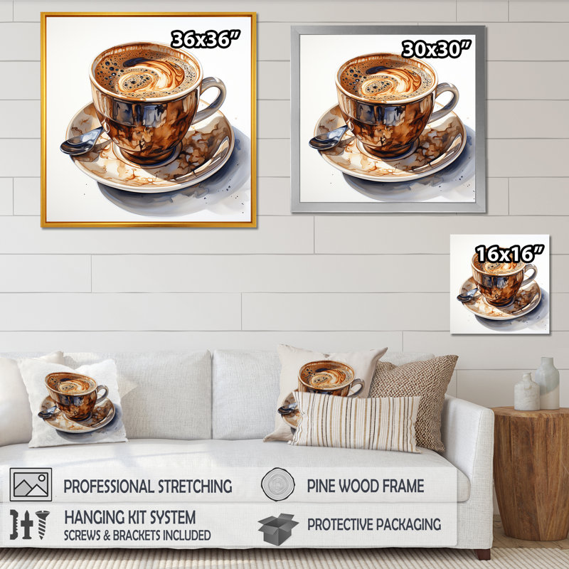«Brown Coffee Cup Temptation III», art mural café, H 36 po x l 36 po x P 1,5 po