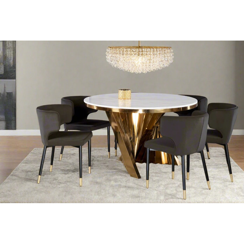 Garnica 7-Piece Round White Marble Dining Table Set with 6 Velvet Curved Back Chairs – White Marble Top, Gold, Black
