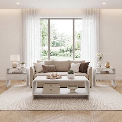 3-Piece Modern Curved Living Room Furniture Set with 70" TV Stand and 2 End Tables with Charging Stations