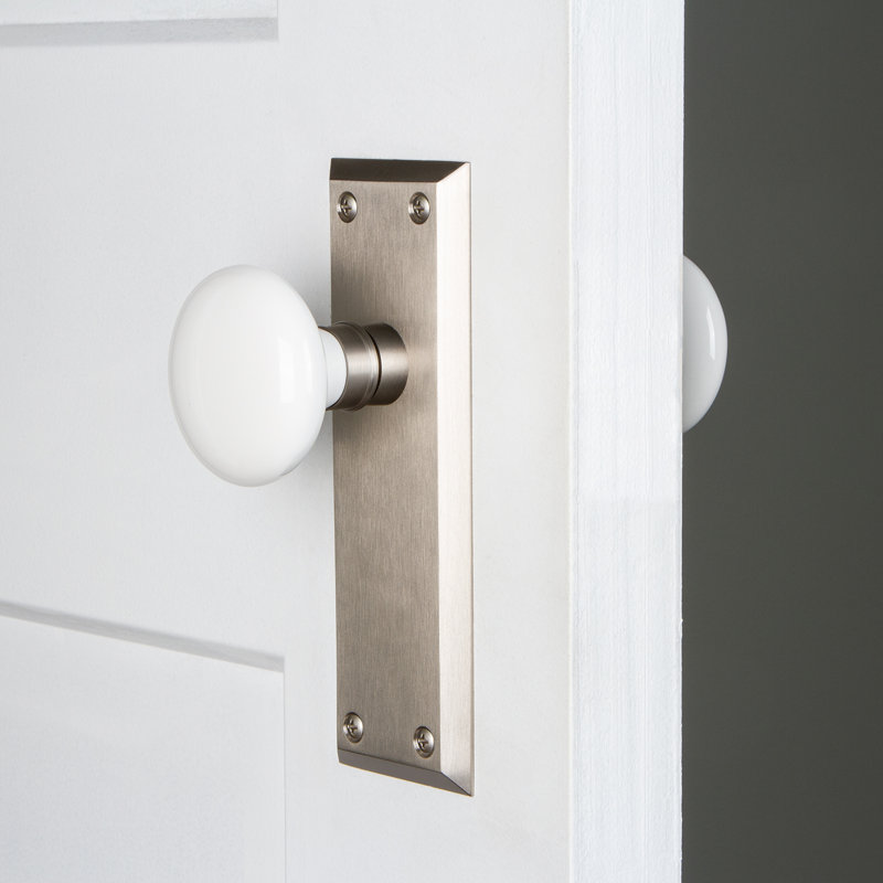New York Plate with White Porcelain Door Knob, Satin Nickel