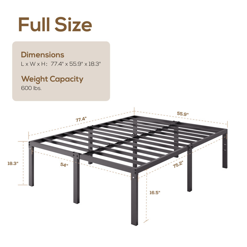 Structure de lit moderne en métal, sans tête de lit, sans sommier, Lit double, 18.3"