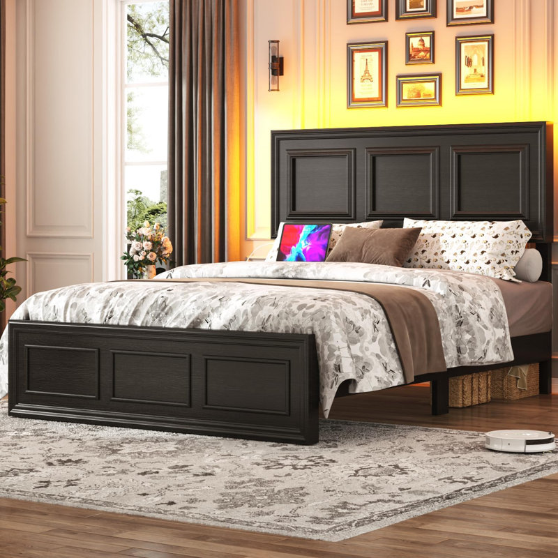 Platform Bed with LED Adjustable Headboard and Charging Port, Queen, Black