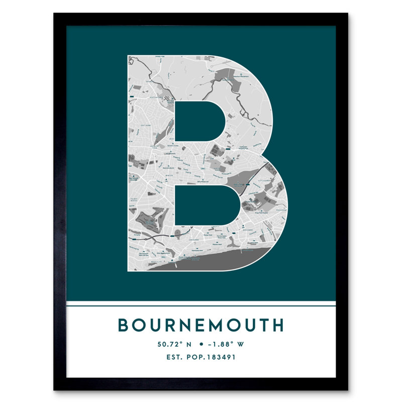 Bournemouth England United Kingdom City Map Teal - Single Picture Frame Typography