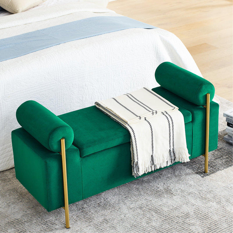 Velvet Living Room Bench With Iron Legs And Classic Style Charm Elegant Upholstered Legs, For Bedroom, Green
