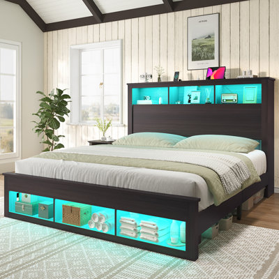 Bed Frame with Bookcase Storage Headboard and Footboard, LED Lights, Charging Station