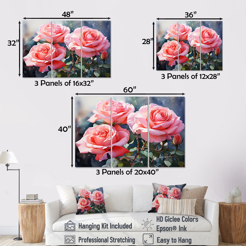 Minimalisme, roses roses, rêve I - ensemble d'art sur toile Roses, H 28 po x l 36 po x P 1 po