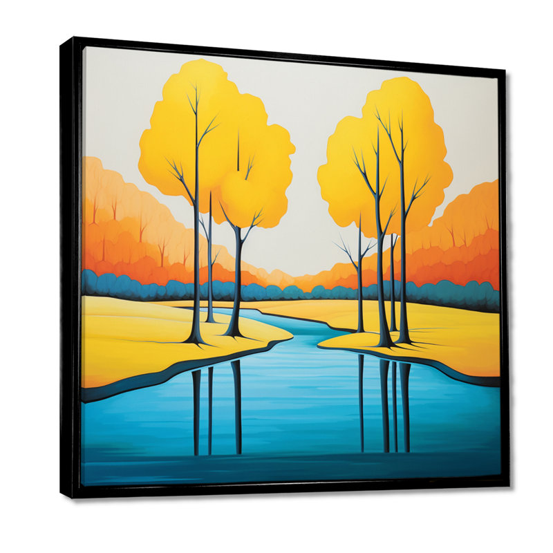 «Yellow Trees Autumn Forest River», art mural rivière, Toile avec cadre flottant noir, H 16 po x l 16 po x P 1 po