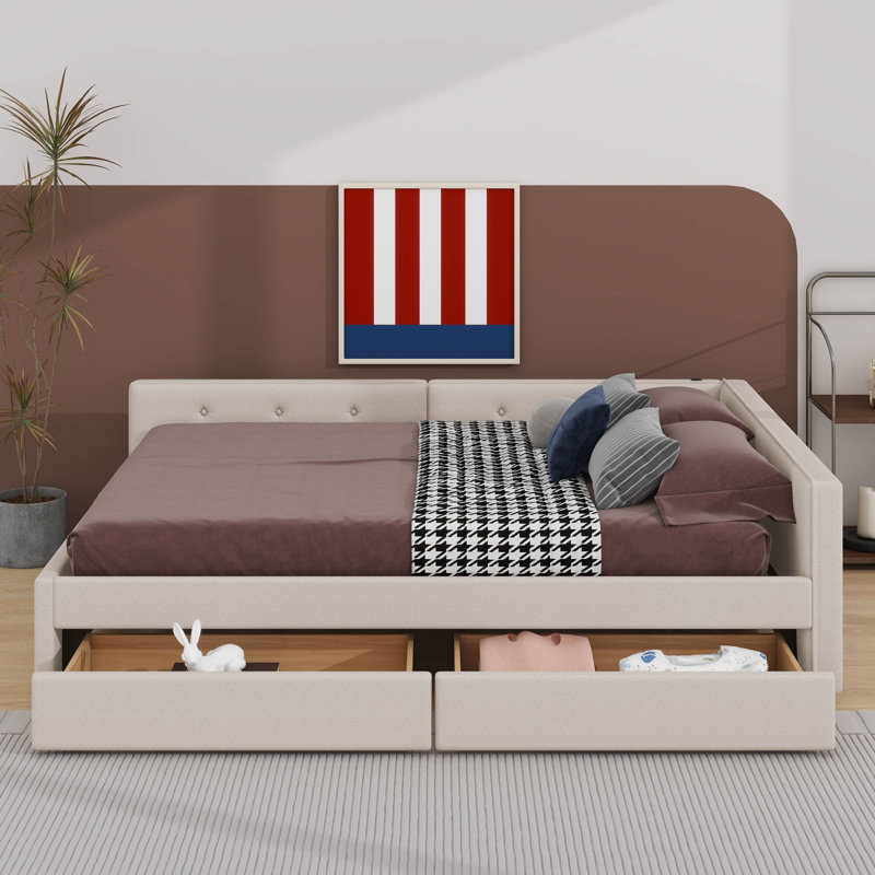 Lit plateforme tapissier avec port USB et tiroirs, Double