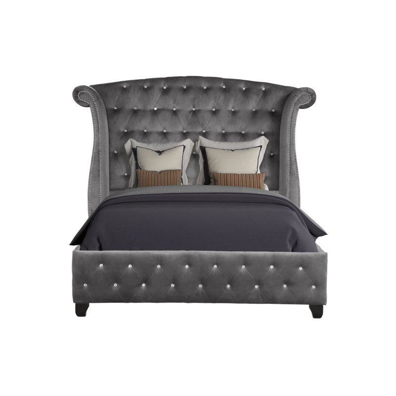 Revêtement de lit en tissu de velours très grand capitonné en cristal Sophia de style moderne fabriqué en bois gris (inventaire CA)