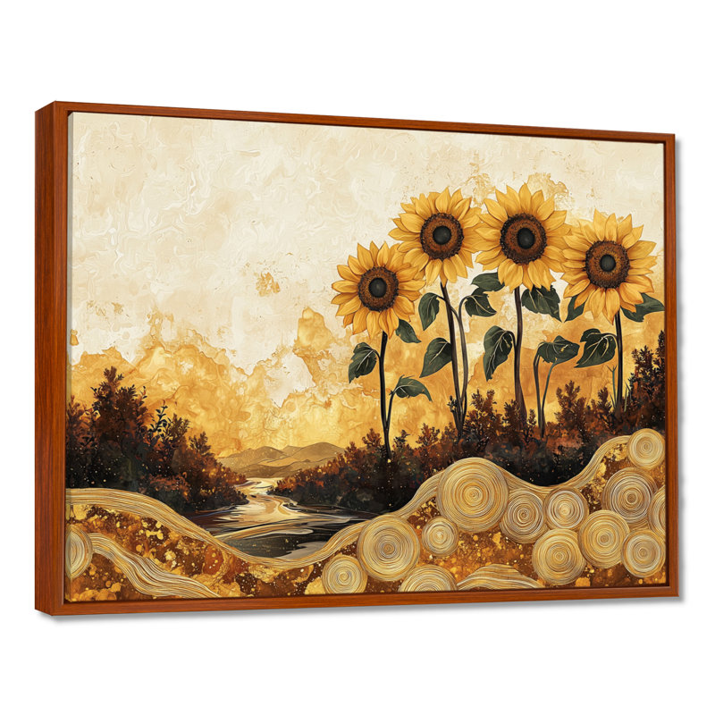 Dorisa, tournesols, paysage sur un sommet de rivière en bois III - tournesols, art mural, Brun, H 12 po x l 20 po