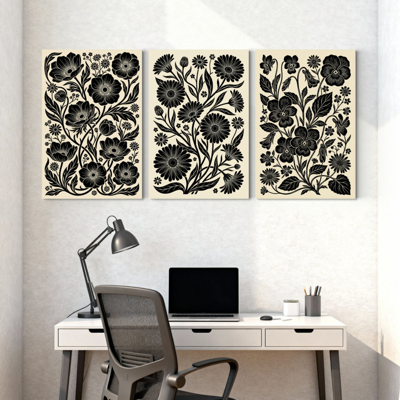 Plantes et fleurs, motif floral noir sur fond crème, ensemble de 3 impressions murales sur toile, H 18 po x l 36 po