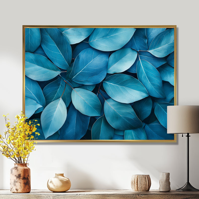 Imia, feuilles bleu sarcelle monochromes III - art mural, H 12 po x l 20 po, Impression encadrée flottante sans passe-partout