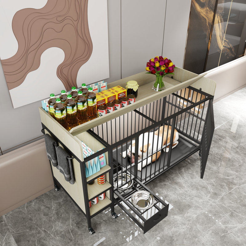 Large Iron Pet Cage With Functionality - Material, Beige Black Practical Functions And Basin