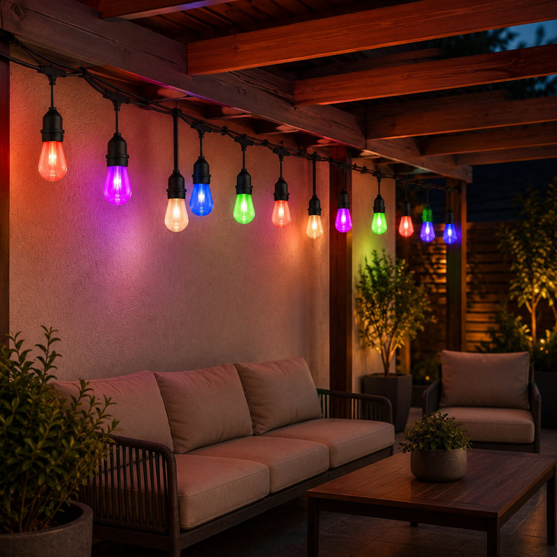 48FT 15-Bulb Outdoor Plug-in Standard String Lights with Shatterproof Color Changing Bulbs & Remote Control, Linkable