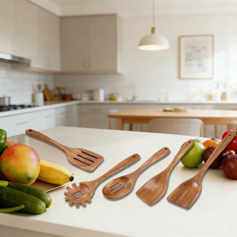 Ensemble d'ustensiles en bois de teck 7 pièces pour la cuisine, ustensiles de cuisine en bois naturel avec poignée longue durée, sans danger pour les ustensiles de cuisine antiadhésifs, comprenant une spatule, une cuillère à spaghetti, une cuillère fendue et plus encore