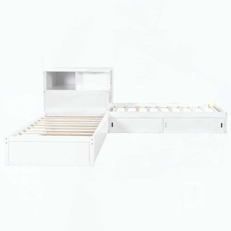 Lit plateforme simple en L avec rangement, bureau, lit gigogne et lumière DEL, Tablettes; armoire, Blanc