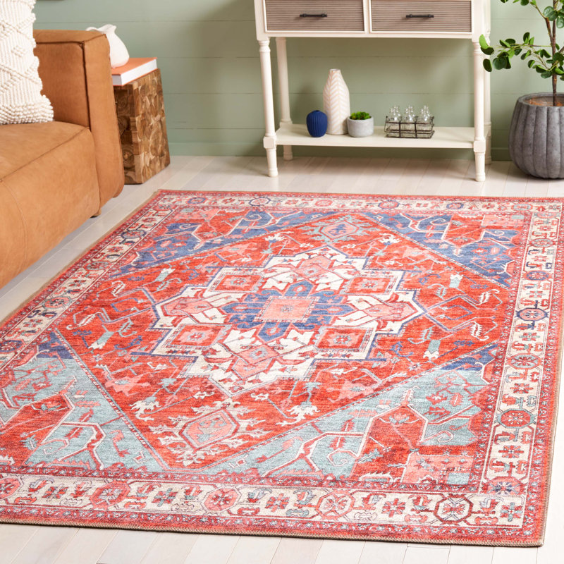 Tapis de style sud-ouest en coton / chenille lavable à la machine en rouille / bleu Wassay, Rectangle 5 pi 3 po x 7 pi 6 po