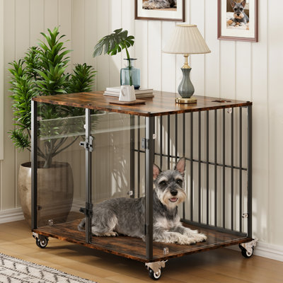 Luxury Glass Dog Crate Furniture, Modern Indoor Pet House with Wooden Top & Mobile Wheels