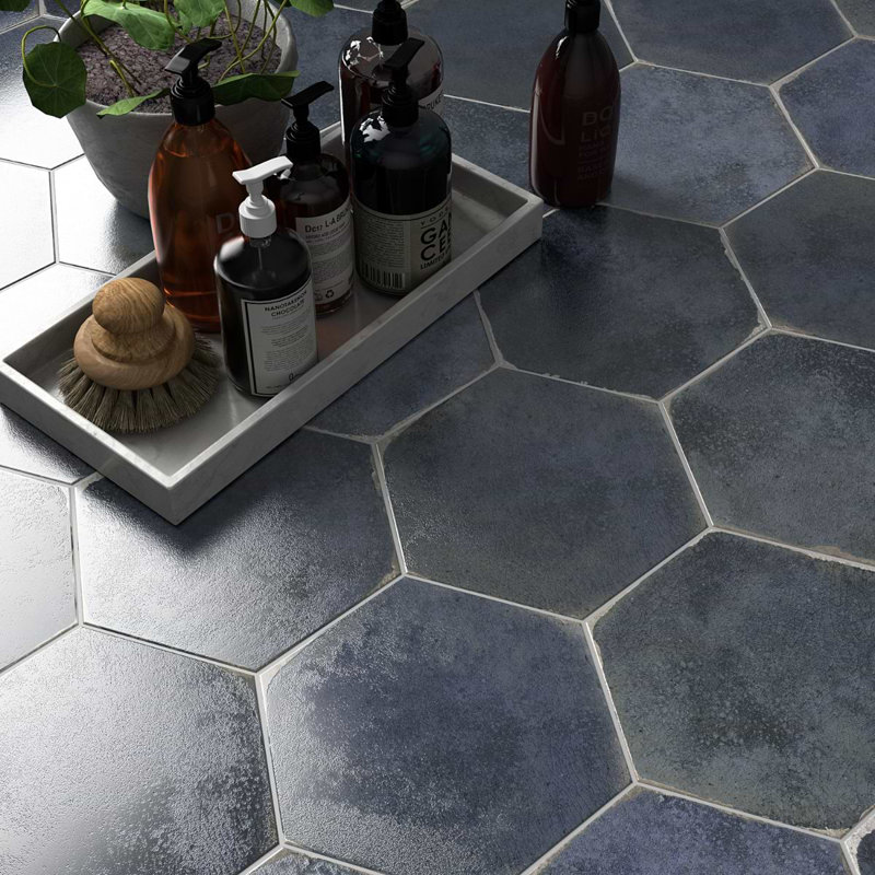 Kalay 9" Hexagon Polished Porcelain Tile, Blue