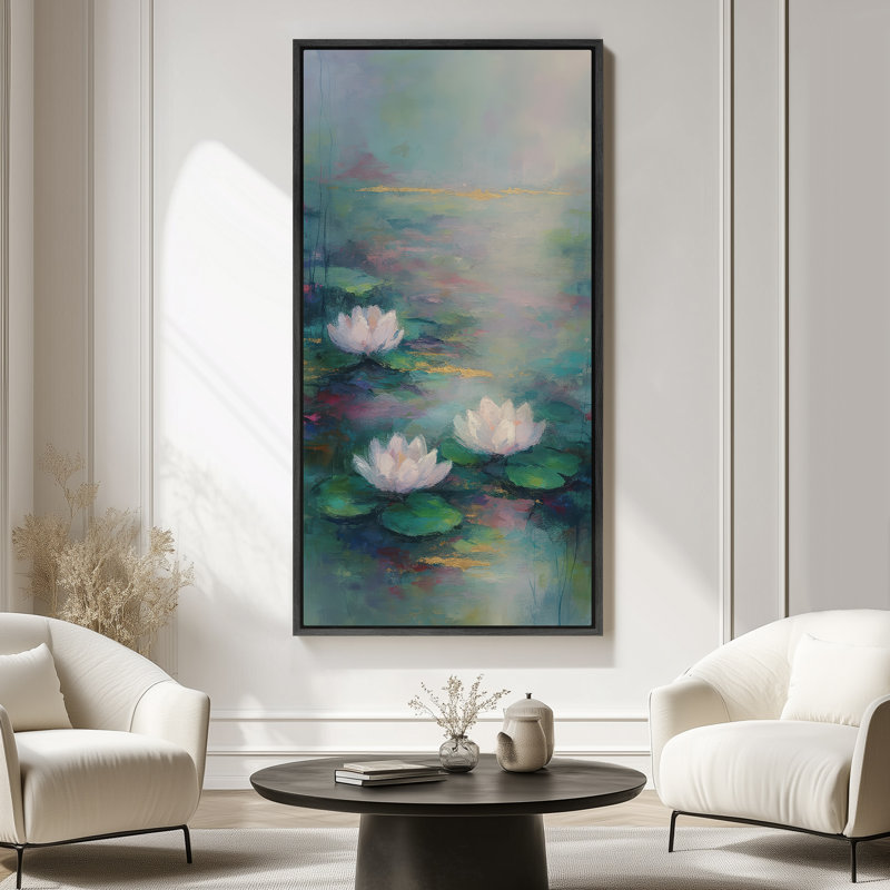 Art mural encadré de nénuphars - impression botanique florale pour décoration murale moderne, H 60 po x l 30 po, Noir