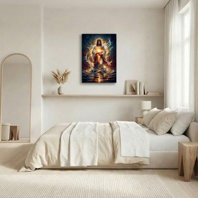 Ensemble de 1 tableau sur toile représentant Jésus-Christ avec une croix lumineuse et de l'eau