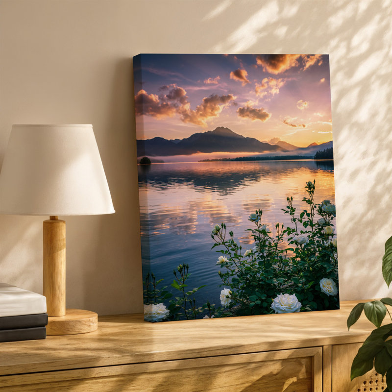 Toile, "Un lever de soleil serein sur un lac tranquille", H 30 po x l 20 po