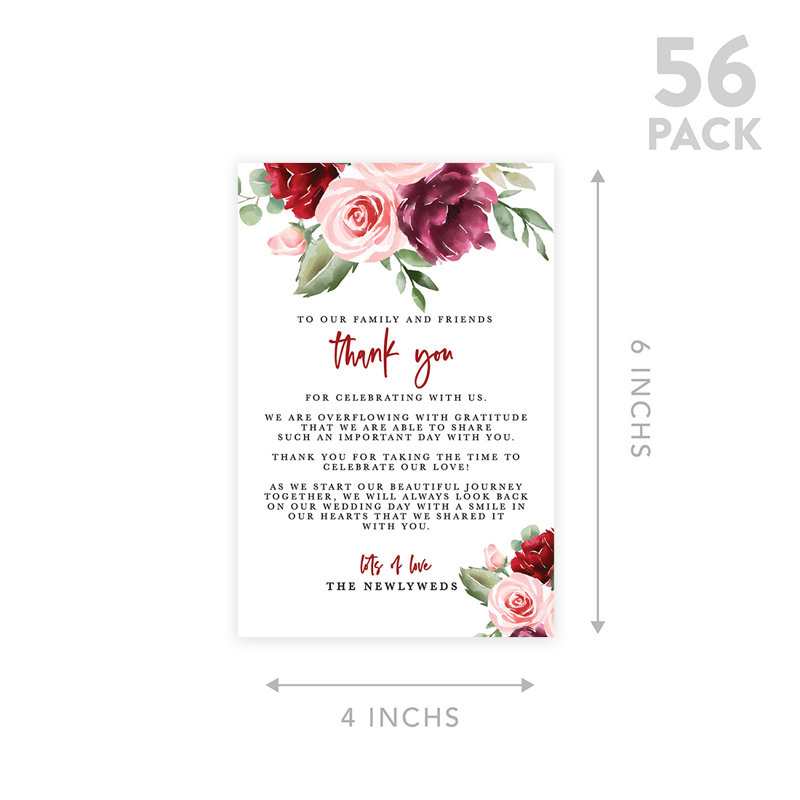 Ensemble de 56 cartes de mariage Blush et bourgogne à motif de remerciements pour la réception de table, famille, amis