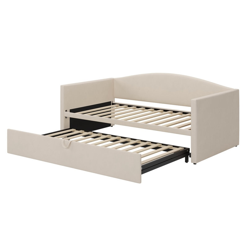 Space-Saving Twin Size Upholstered Daybed with Extended Pop-Up Trundle, Twin-to-King Convertible Sofa Bed for Guest Room