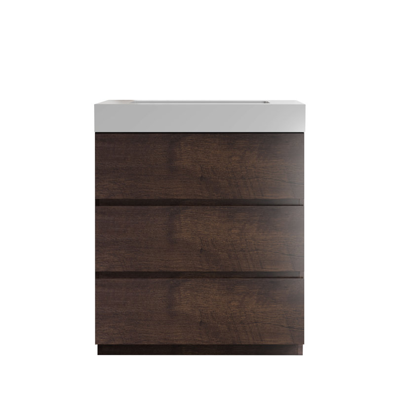 30"W Freestanding Walnut Bathroom Vanity with Sink Three Storage Drawers, White