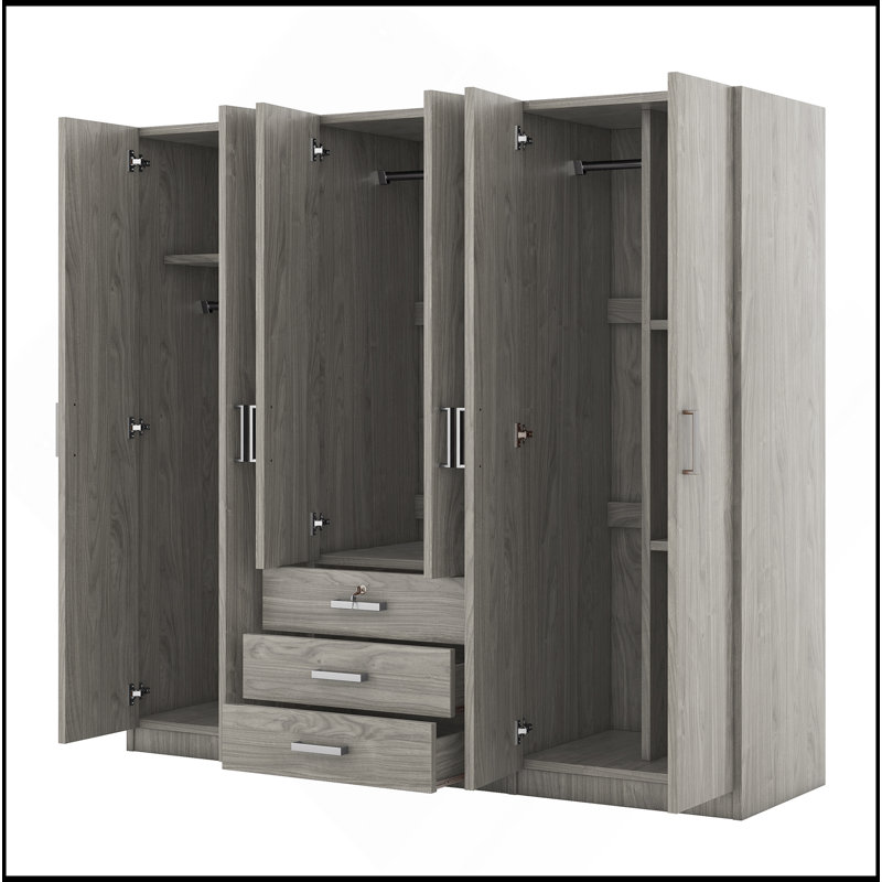 Rangement à 6 portes pour garde-robe en bois pour chambre à coucher, avec grands tiroirs, gris, Gris