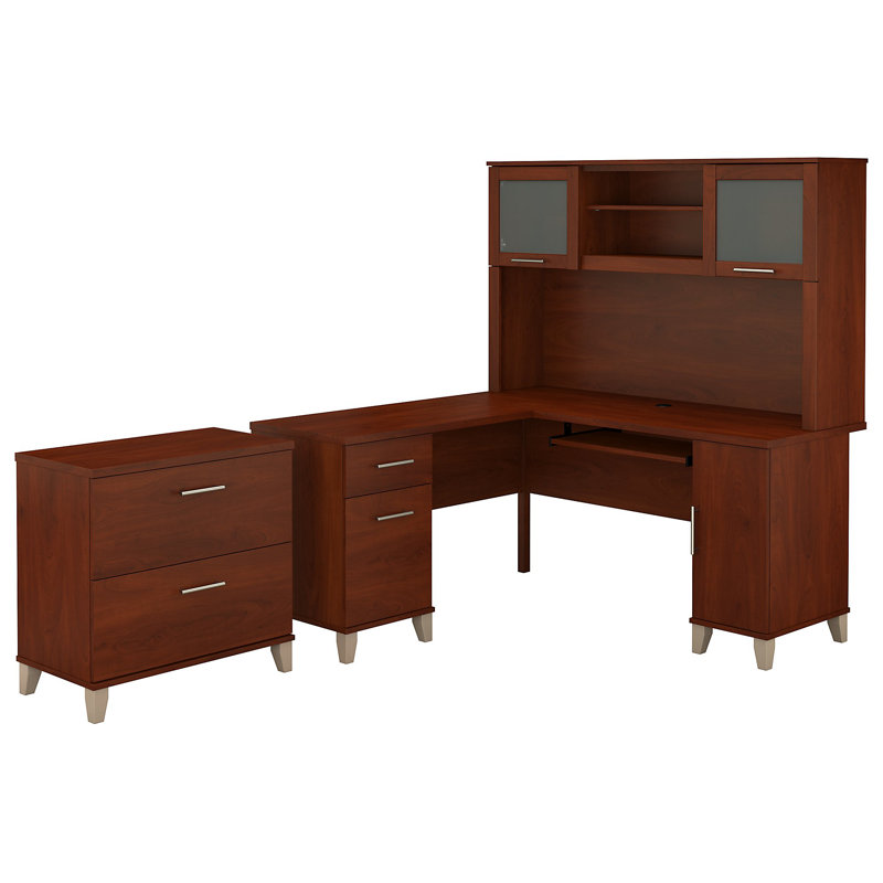 Ensemble de bureau d'ordinateur en L 3 pièces avec rehausse Magomed, Cerisier hansen