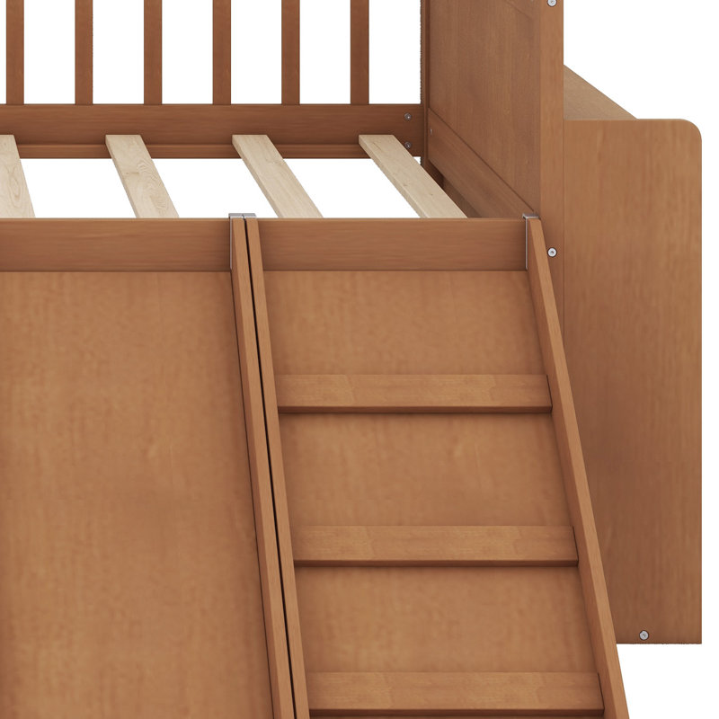 Easy Assembly Wooden Bed Frame with Slide, Ladder, Storage Shelf, and Safety Rail, Light Walnut