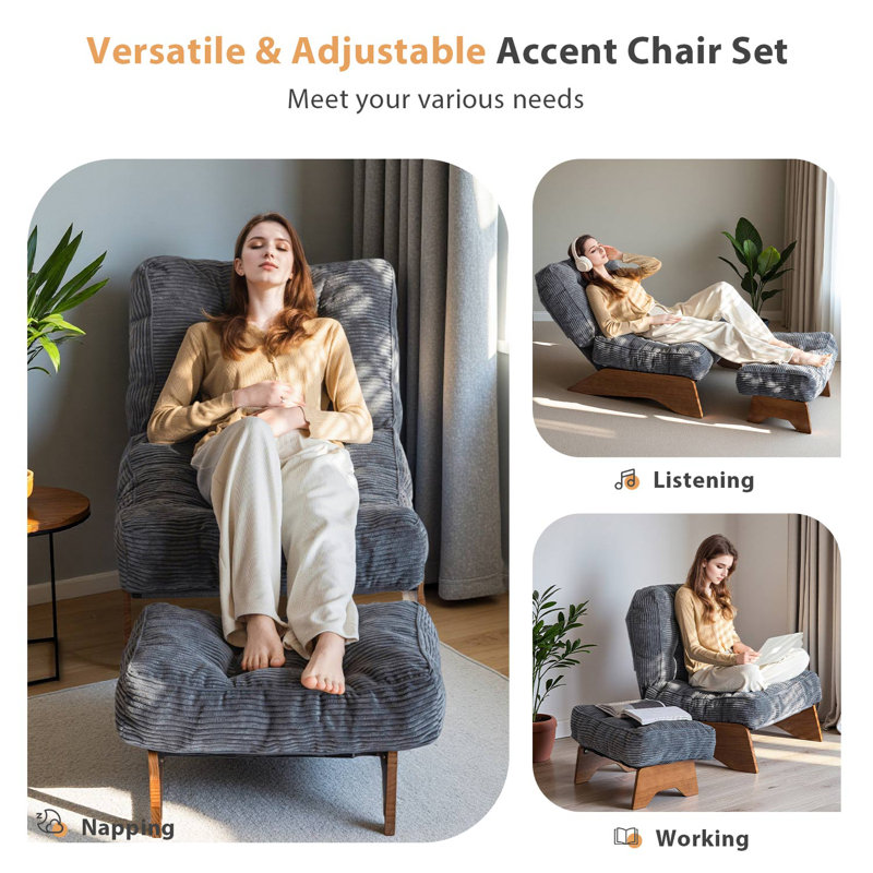 Lounge Chair with Ottoman,Adjustable Backrest Tufted Accent Chair with Footrest Set, Dark Gray