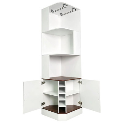 Armoire de bar haut de coin à 90 °, armoire de rangement pour boissons alcoolisées de style campagnard avec porte-verres à vin 72,83 po, portes, bibliothèque polyvalente pour le salon, brun noyer