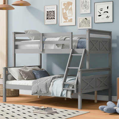 Lit simple superposé au dessus d'un lit double avec échelle, barrière de sécurité, parfaite pour la chambre à coucher, gris