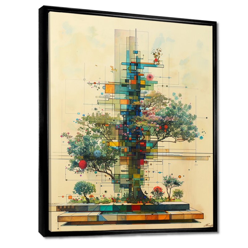 Dessin d'arbre géométrique rétro - botanique, art mural, H 20 po x l 12 po x P 1 po, Toile avec cadre flottant noir